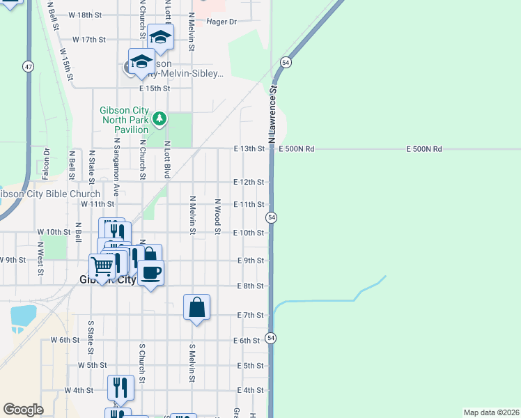 map of restaurants, bars, coffee shops, grocery stores, and more near 619 East 11th Street in Gibson City