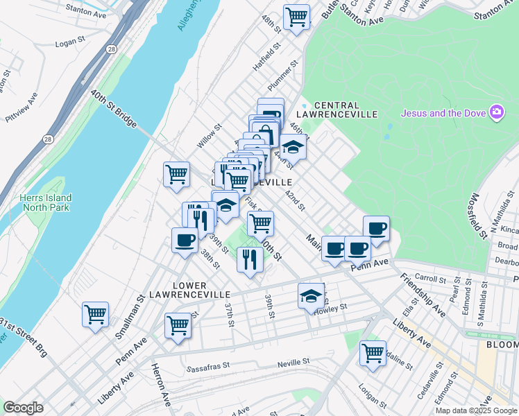 map of restaurants, bars, coffee shops, grocery stores, and more near 231 Fisk Street in Pittsburgh