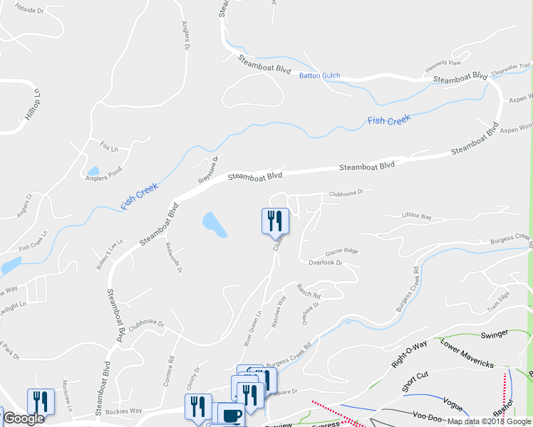 map of restaurants, bars, coffee shops, grocery stores, and more near 1271 Clubhouse Circle in Steamboat Springs