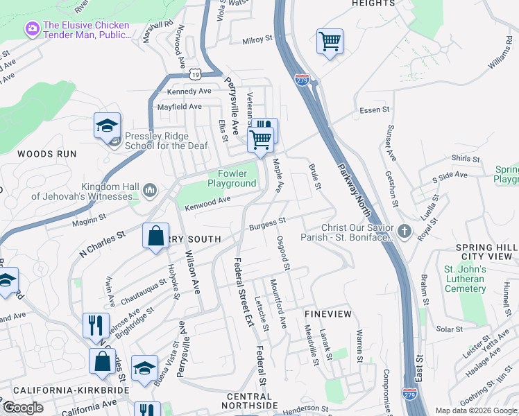 map of restaurants, bars, coffee shops, grocery stores, and more near 2419 Maple Avenue in Pittsburgh