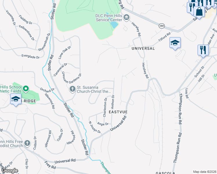 map of restaurants, bars, coffee shops, grocery stores, and more near 405 Guylyn Drive in Pittsburgh