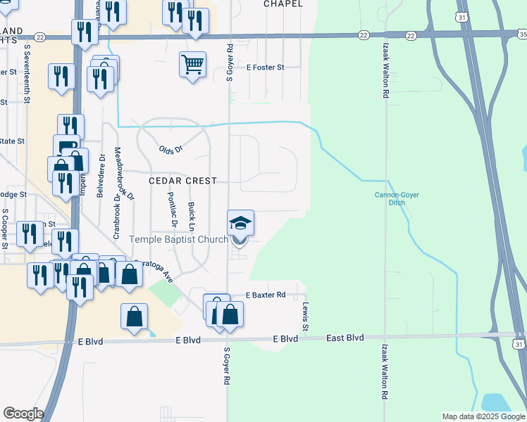 map of restaurants, bars, coffee shops, grocery stores, and more near Quail Run Drive in Kokomo