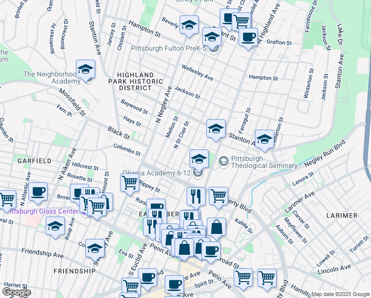 map of restaurants, bars, coffee shops, grocery stores, and more near 619 North Euclid Avenue in Pittsburgh