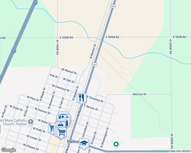 map of restaurants, bars, coffee shops, grocery stores, and more near 755 North Railroad Avenue in Paxton