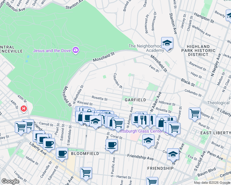 map of restaurants, bars, coffee shops, grocery stores, and more near 5169 Hillcrest Street in Pittsburgh