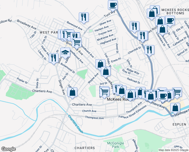 map of restaurants, bars, coffee shops, grocery stores, and more near 401 Russellwood Avenue in McKees Rocks