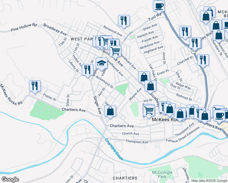 map of restaurants, bars, coffee shops, grocery stores, and more near 214 Jane Street in McKees Rocks