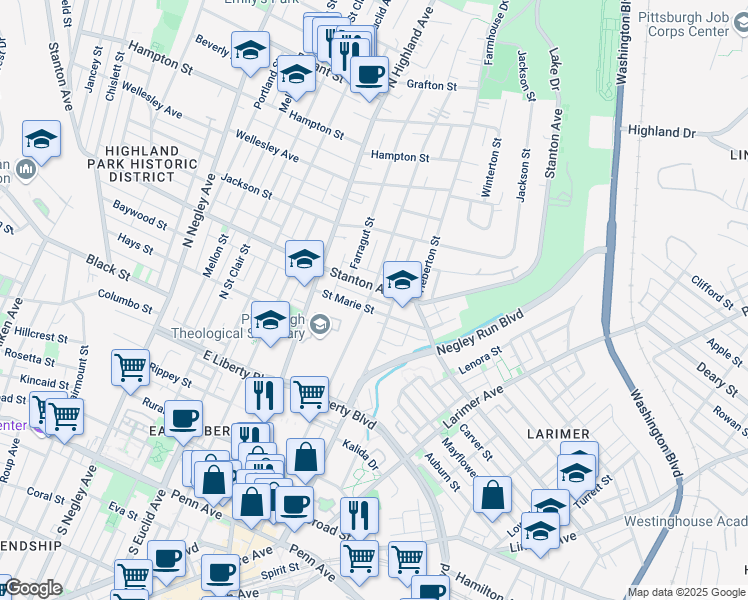 map of restaurants, bars, coffee shops, grocery stores, and more near 6109 Saint Marie Street in Pittsburgh
