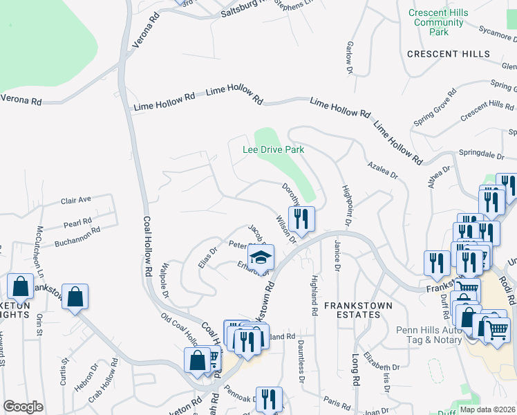 map of restaurants, bars, coffee shops, grocery stores, and more near 334 Wilson Drive in Pittsburgh