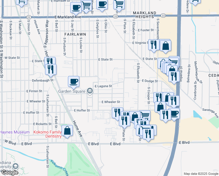 map of restaurants, bars, coffee shops, grocery stores, and more near 1045 East Laguna Street in Kokomo