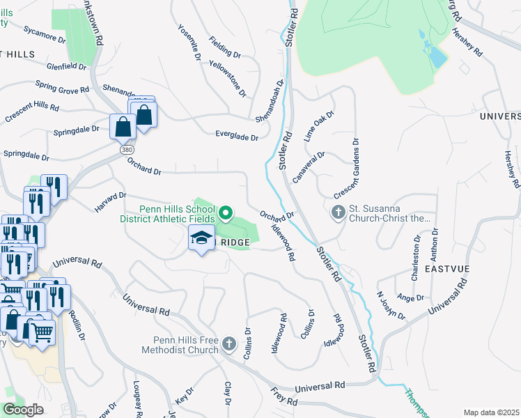 map of restaurants, bars, coffee shops, grocery stores, and more near 197 Orchard Drive in Penn Hills