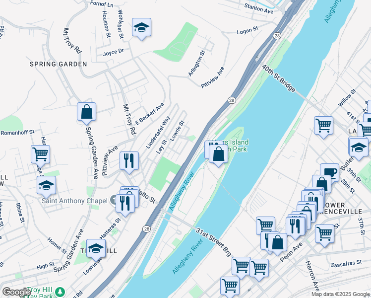 map of restaurants, bars, coffee shops, grocery stores, and more near 2117 Eggers Street in Pittsburgh
