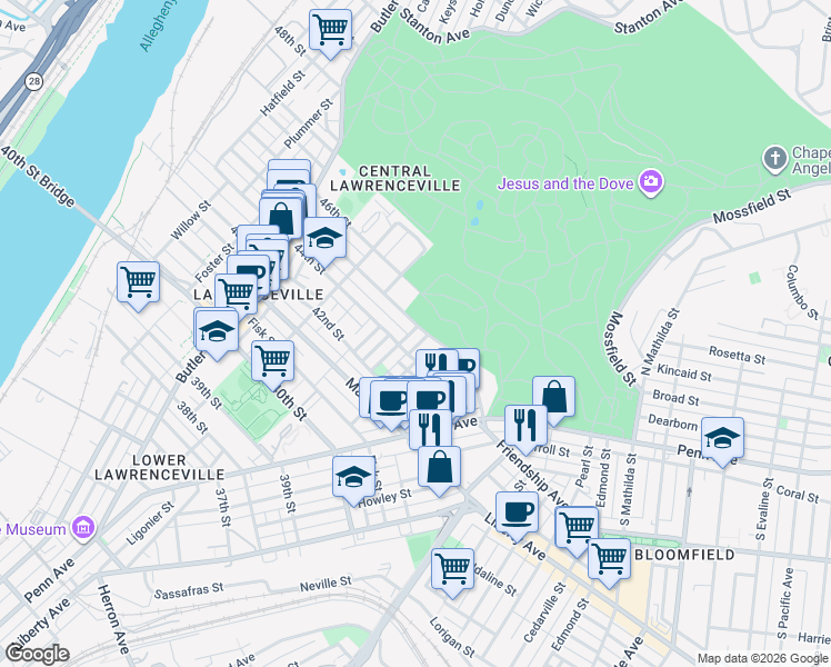 map of restaurants, bars, coffee shops, grocery stores, and more near 4417 Garwood Way in Pittsburgh