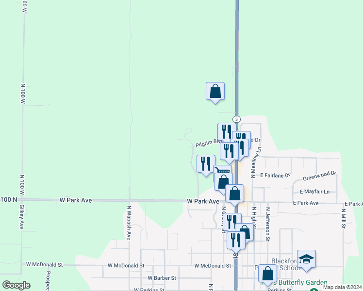 map of restaurants, bars, coffee shops, grocery stores, and more near 100 Independence Parkway in Hartford City