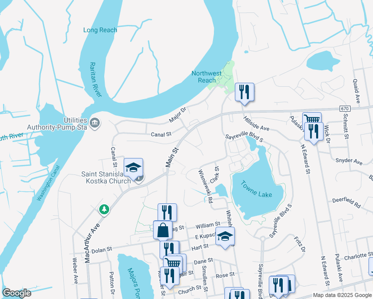 map of restaurants, bars, coffee shops, grocery stores, and more near County Road 670 in Sayreville