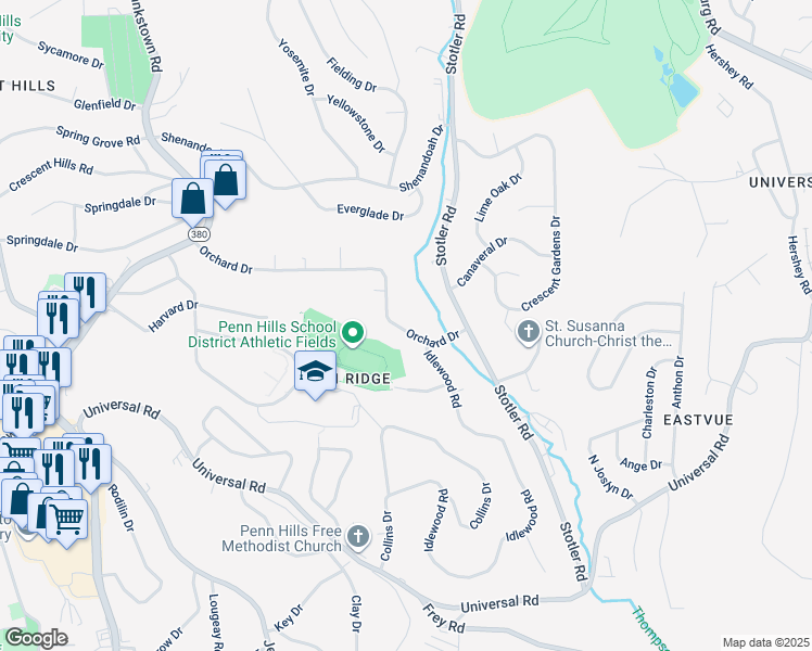 map of restaurants, bars, coffee shops, grocery stores, and more near 197 Orchard Drive in Penn Hills