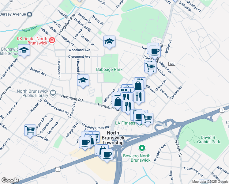 map of restaurants, bars, coffee shops, grocery stores, and more near 720 Willow Avenue in North Brunswick Township