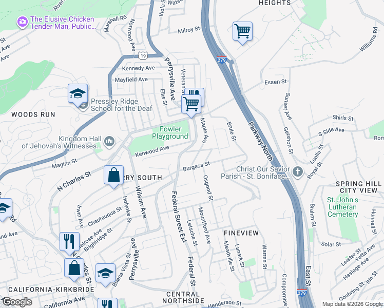 map of restaurants, bars, coffee shops, grocery stores, and more near 2419 Maple Avenue in Pittsburgh