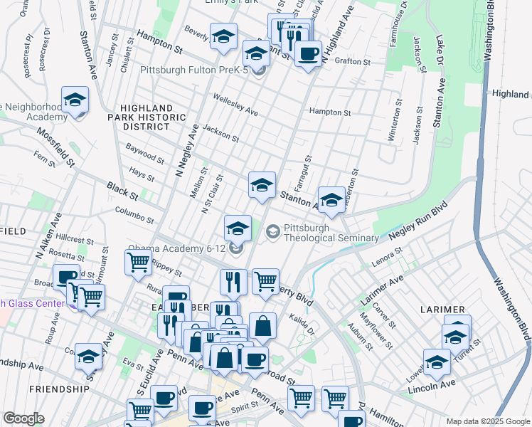 map of restaurants, bars, coffee shops, grocery stores, and more near 700 North Highland Avenue in Pittsburgh