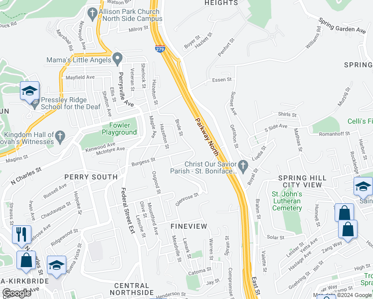 map of restaurants, bars, coffee shops, grocery stores, and more near 434 East Burgess Street in Pittsburgh