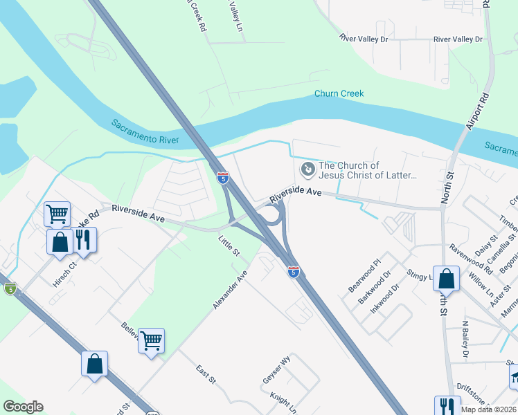 map of restaurants, bars, coffee shops, grocery stores, and more near Riverside Avenue in Anderson