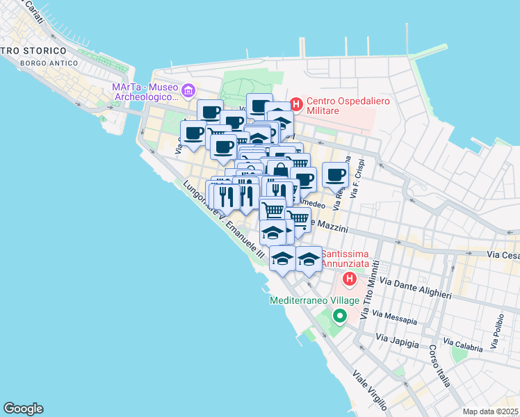 map of restaurants, bars, coffee shops, grocery stores, and more near 89 Via Angelo Berardi in Taranto