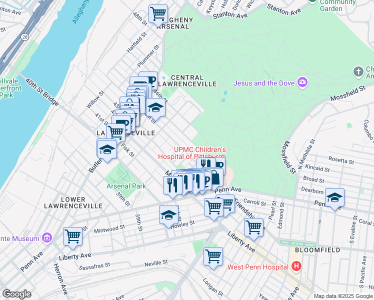 map of restaurants, bars, coffee shops, grocery stores, and more near 4245 Dunkeld Way in Pittsburgh