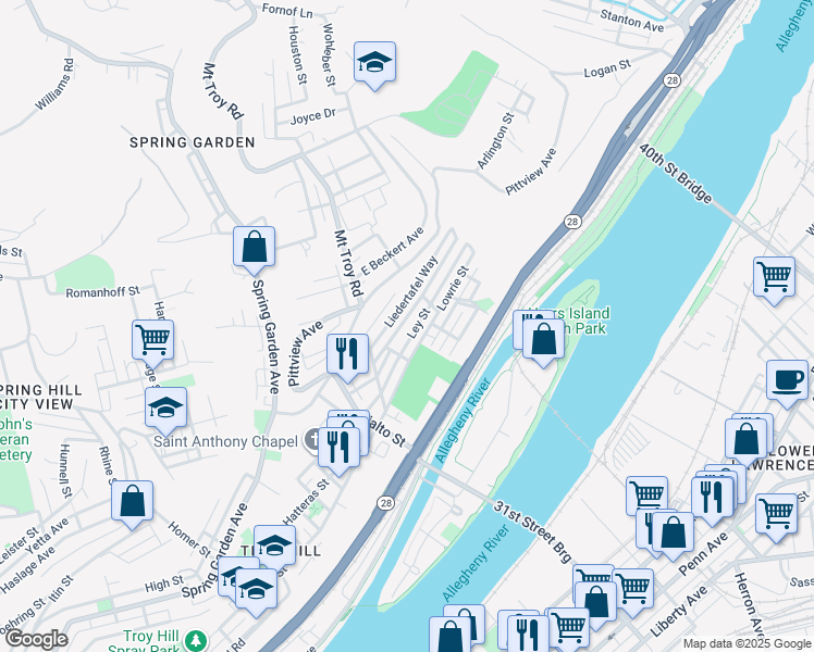 map of restaurants, bars, coffee shops, grocery stores, and more near 2027 Straubs Lane in Pittsburgh