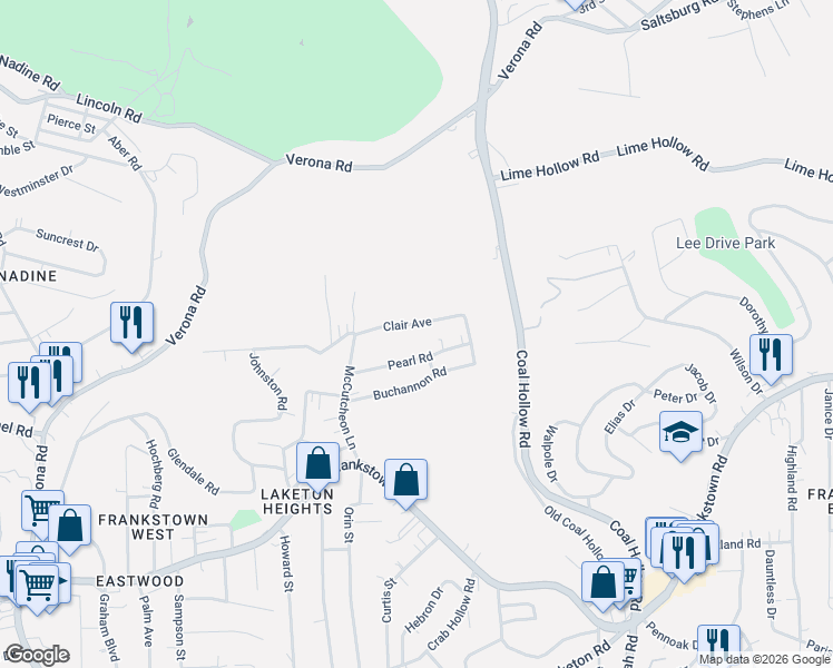map of restaurants, bars, coffee shops, grocery stores, and more near 10146 Clair Ave in Pittsburgh