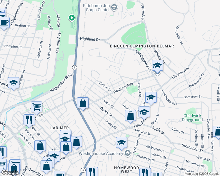 map of restaurants, bars, coffee shops, grocery stores, and more near 6511 Clifford Street in Pittsburgh