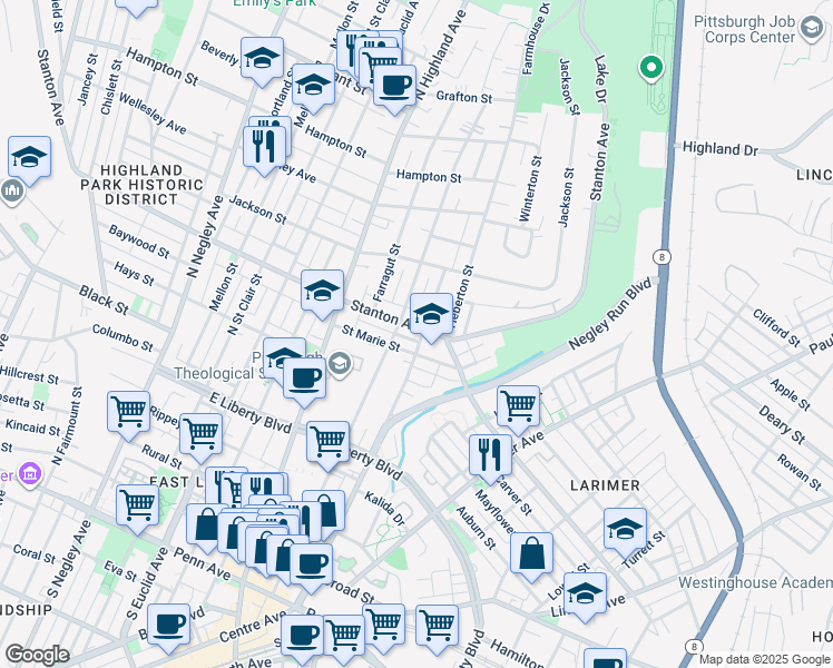 map of restaurants, bars, coffee shops, grocery stores, and more near 6109 Saint Marie Street in Pittsburgh