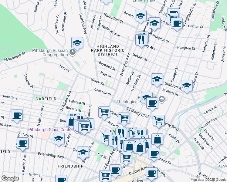 map of restaurants, bars, coffee shops, grocery stores, and more near 526 North Negley Avenue in Pittsburgh
