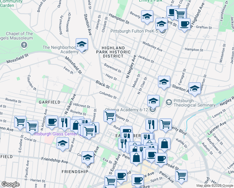 map of restaurants, bars, coffee shops, grocery stores, and more near 526 North Negley Avenue in Pittsburgh