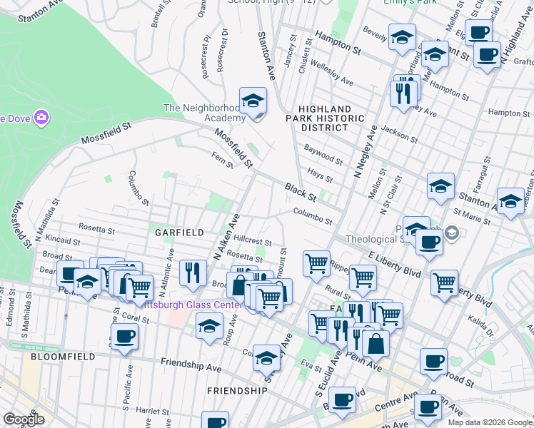 map of restaurants, bars, coffee shops, grocery stores, and more near 5456 Columbo Street in Pittsburgh