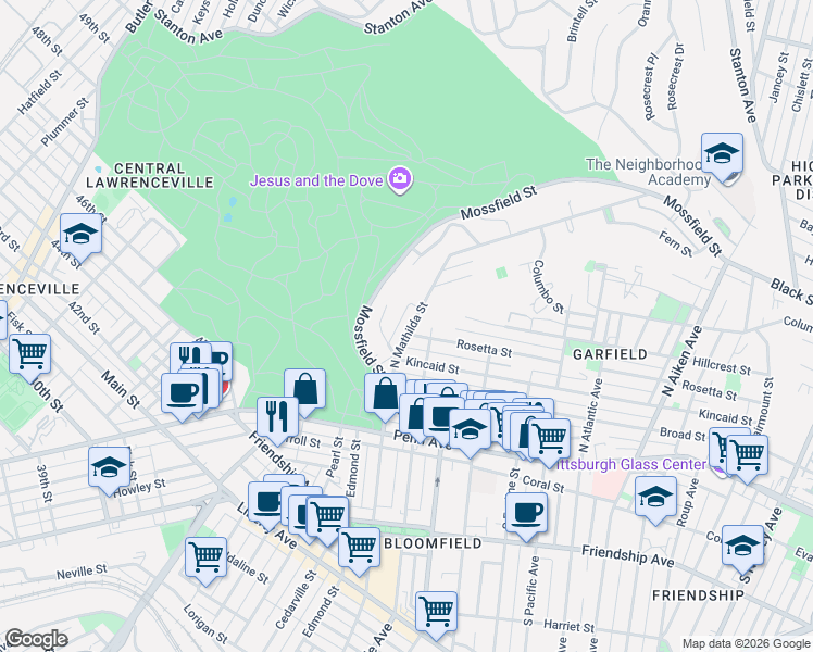 map of restaurants, bars, coffee shops, grocery stores, and more near 505 North Mathilda Street in Pittsburgh