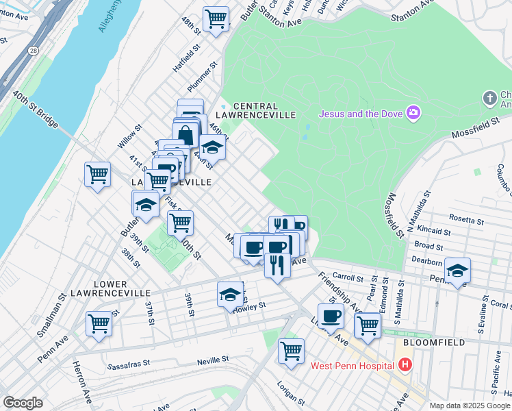 map of restaurants, bars, coffee shops, grocery stores, and more near 4245 Dunkeld Way in Pittsburgh