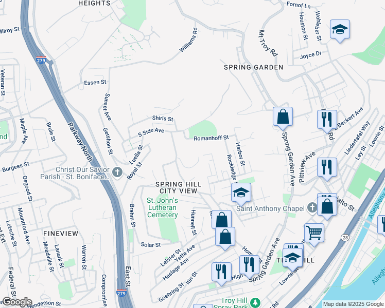 map of restaurants, bars, coffee shops, grocery stores, and more near 2170 Rhine St in Pittsburgh