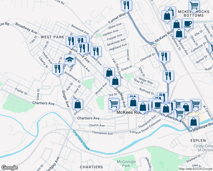 map of restaurants, bars, coffee shops, grocery stores, and more near 401 Russellwood Avenue in McKees Rocks