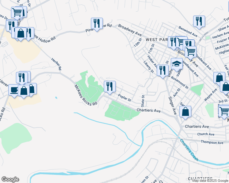 map of restaurants, bars, coffee shops, grocery stores, and more near 43 Poplar Street in McKees Rocks