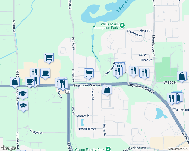 map of restaurants, bars, coffee shops, grocery stores, and more near 2252 Sagamore Parkway West in West Lafayette