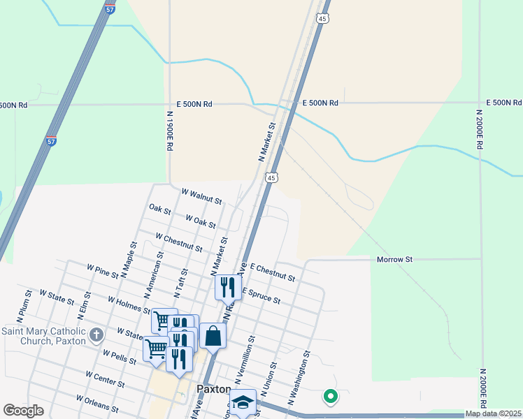 map of restaurants, bars, coffee shops, grocery stores, and more near 755 North Railroad Avenue in Paxton