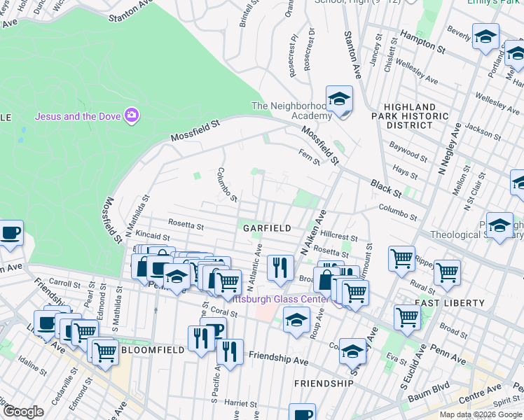 map of restaurants, bars, coffee shops, grocery stores, and more near in Pittsburgh