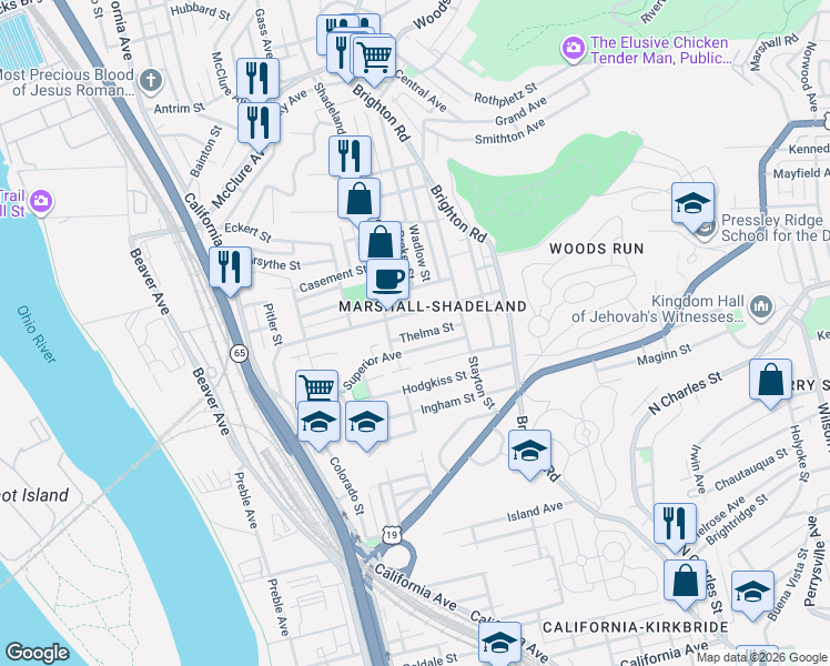 map of restaurants, bars, coffee shops, grocery stores, and more near 2703 Shadeland Avenue in Pittsburgh