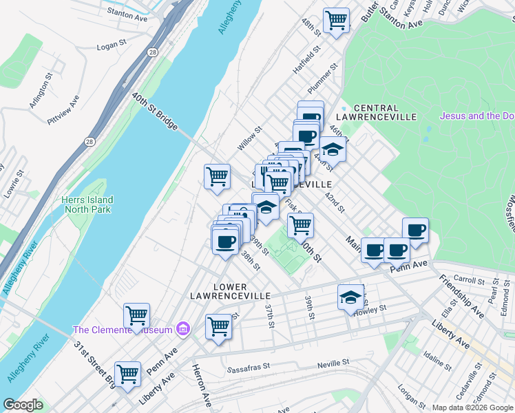 map of restaurants, bars, coffee shops, grocery stores, and more near 3937 Butler Street in Pittsburgh