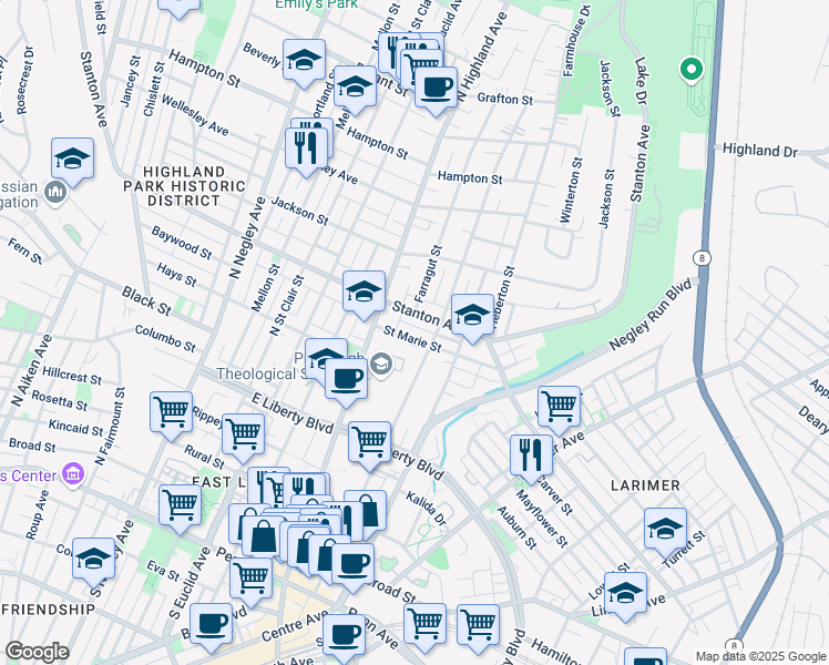 map of restaurants, bars, coffee shops, grocery stores, and more near 6030 Saint Marie Street in Pittsburgh