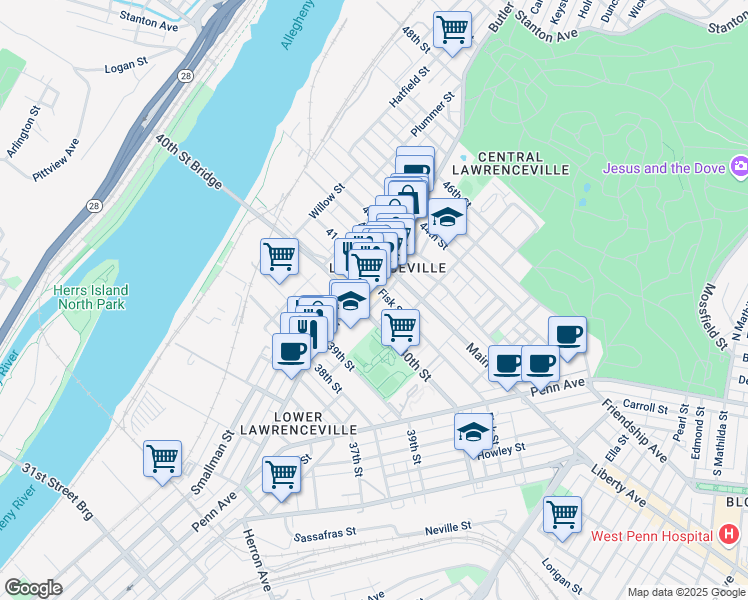 map of restaurants, bars, coffee shops, grocery stores, and more near in Pittsburgh