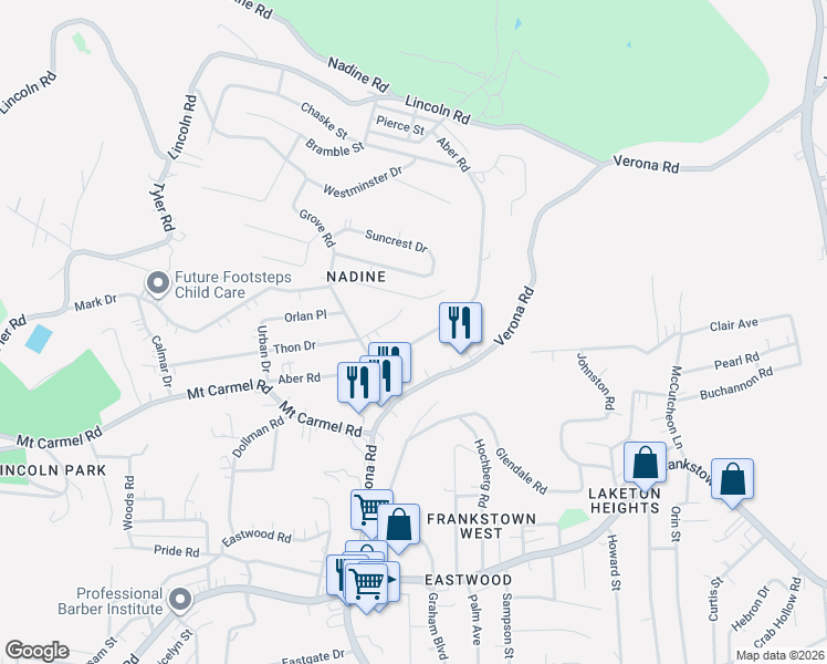 map of restaurants, bars, coffee shops, grocery stores, and more near 8027 Aber Road in Verona