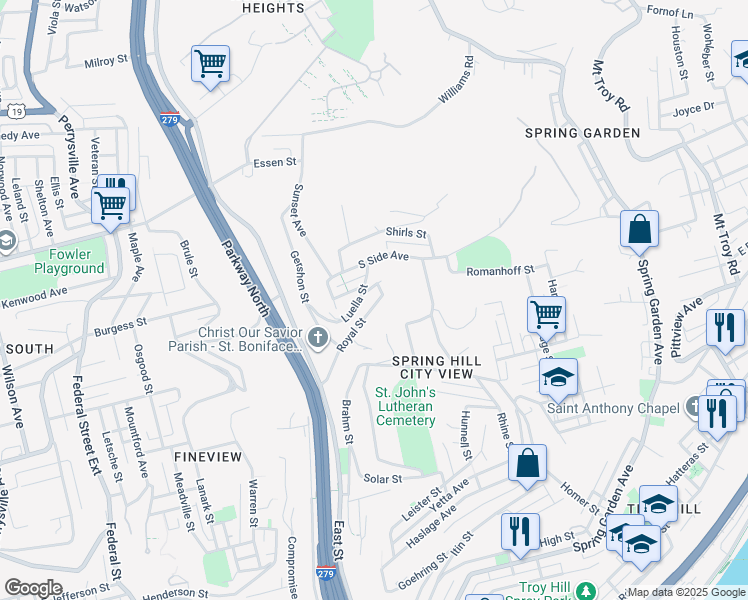 map of restaurants, bars, coffee shops, grocery stores, and more near 921 Luella Street in Pittsburgh