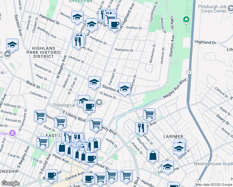 map of restaurants, bars, coffee shops, grocery stores, and more near 6100 Stanton Avenue in Pittsburgh