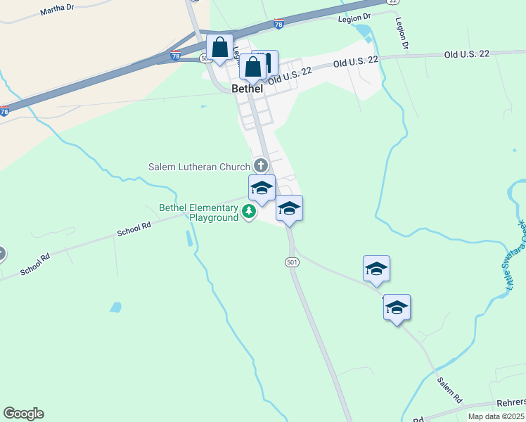 map of restaurants, bars, coffee shops, grocery stores, and more near 8390 Lancaster Avenue in Bethel